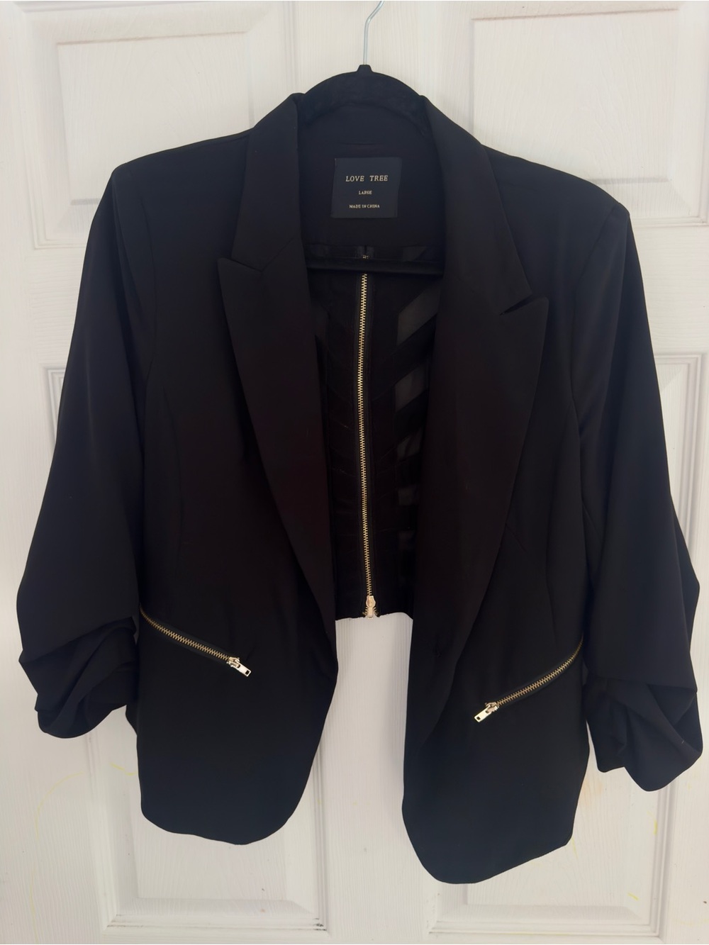 Love Tree Black Cropped Blazer with Gold Zipper Accents